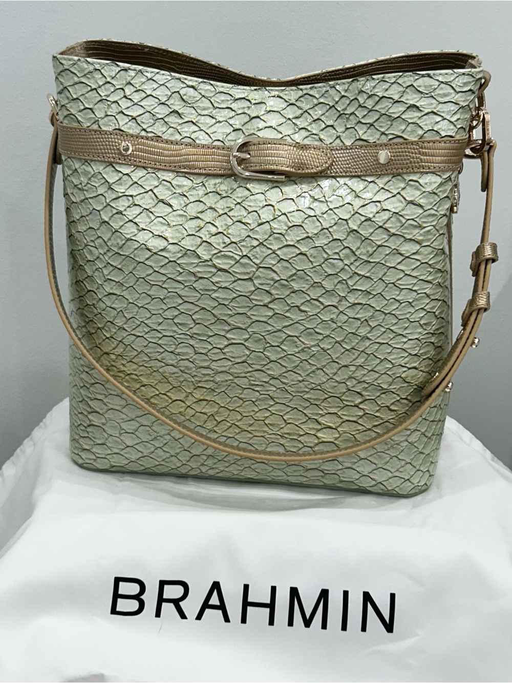 Brahmin Pale Mint Textured Leather Shoulder Bag with Tan Strap
